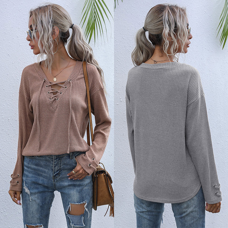 Damen lässiger Pullover mit Schnürung und Ballonärmeln GR