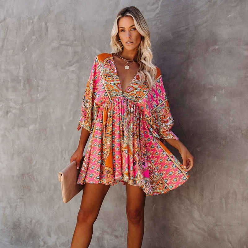GR | Trendy Short Boho Floral Dress for Women
