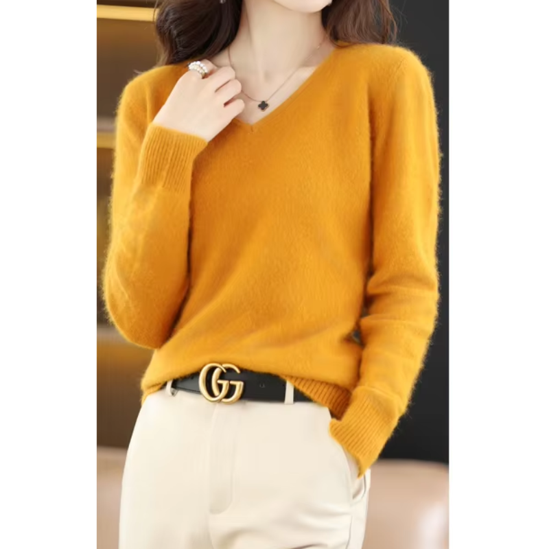 GR | Cashmere Pullover Damen V-ausschnitt Leichter und Weicher Strickpullover