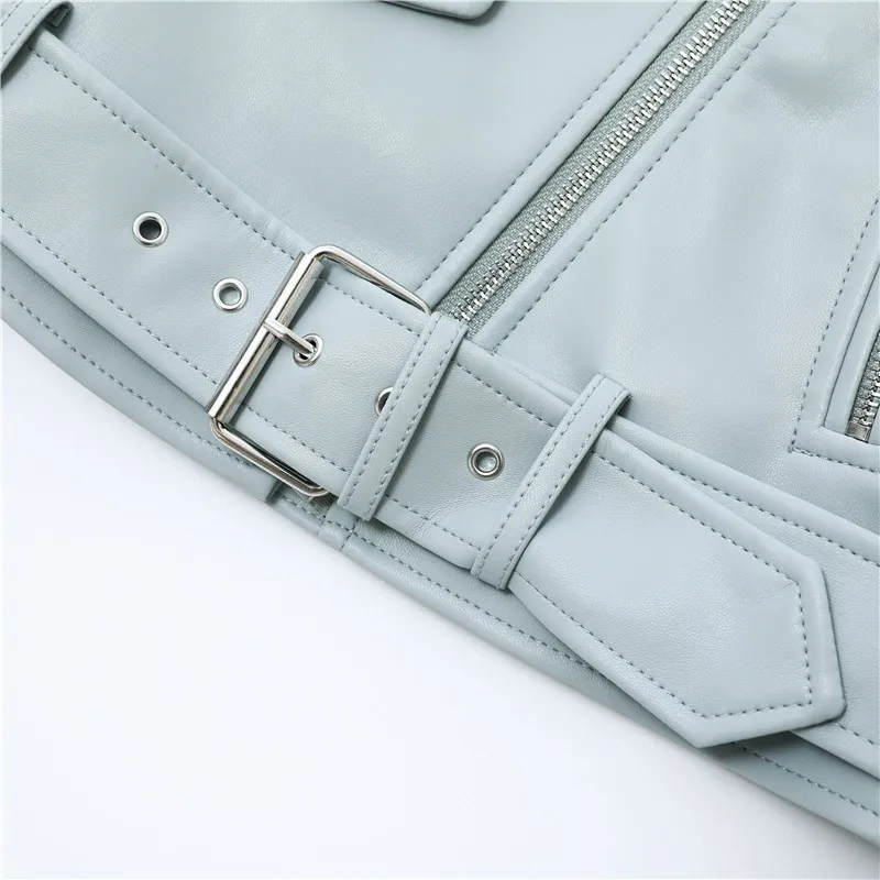 GR | Women's biker leather jacket with zippers and belt