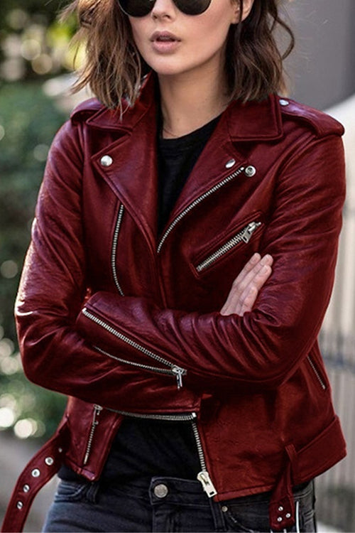 GR | Rosiedress Vintage Lapel Zip Faux Leather Biker Jacket