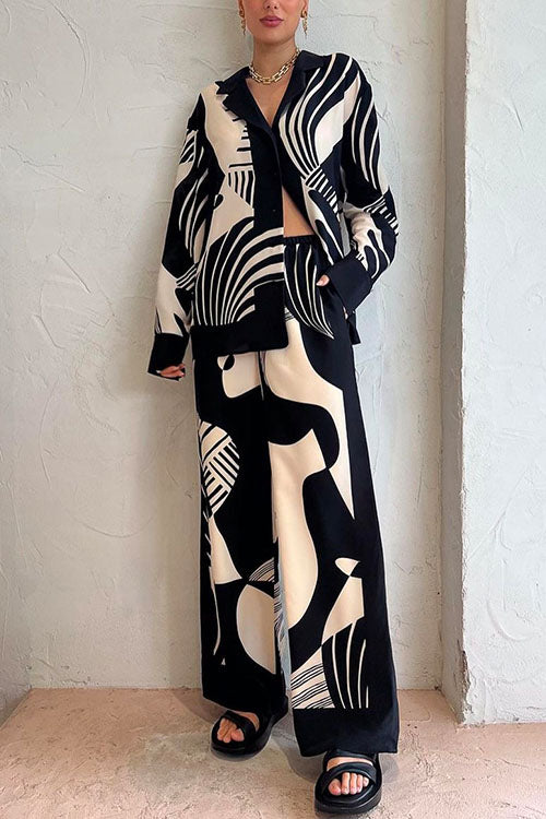 GR | Rosiedress Graphic Print Long Sleeve Blouse Shirt Wide Leg Trousers 2 Piece Set