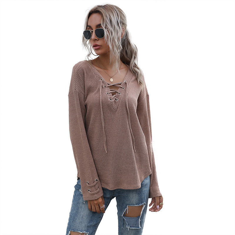 Damen lässiger Pullover mit Schnürung und Ballonärmeln GR