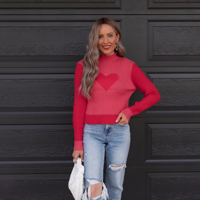 GR | Ribbed knit sweater with heart intarsia