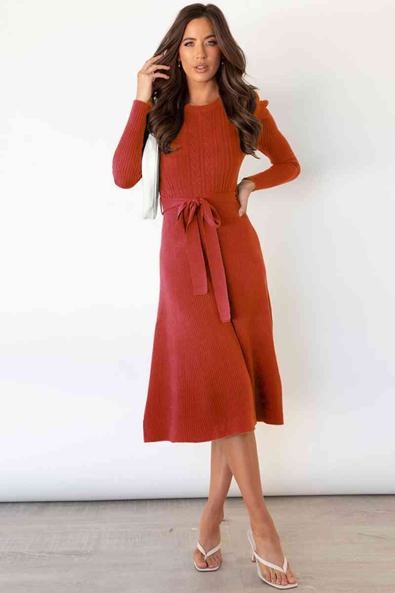 GR | Round Neck Long Sleeve Knot Waist Sweater Dress