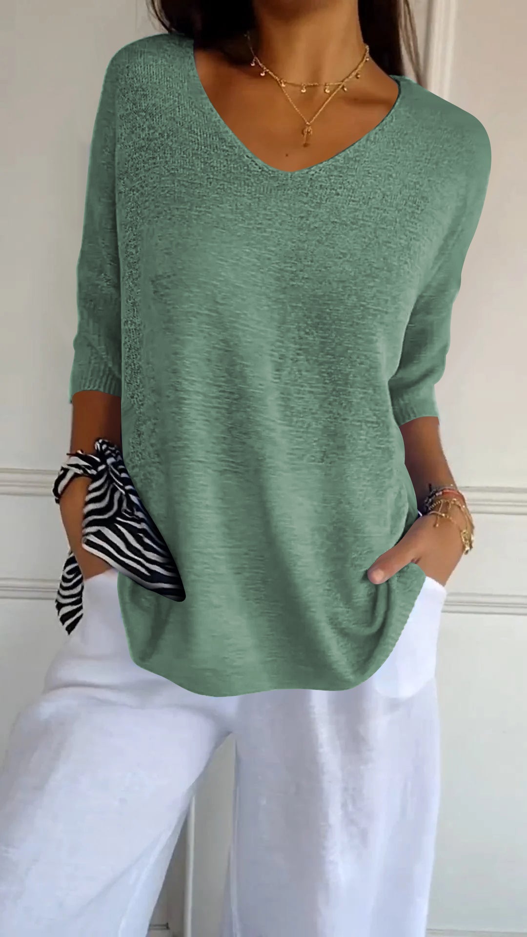 Alexia™ | Solid color knit top with V-neck