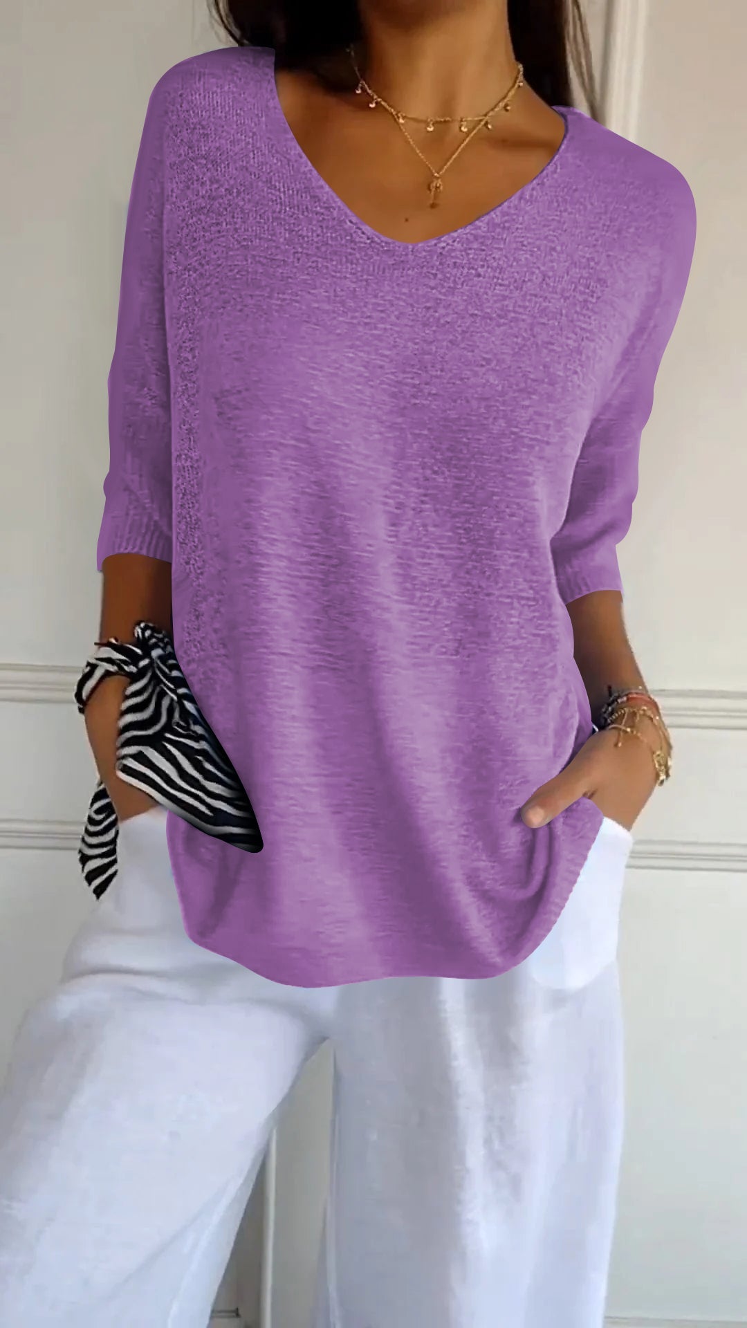Alexia™ | Solid color knit top with V-neck