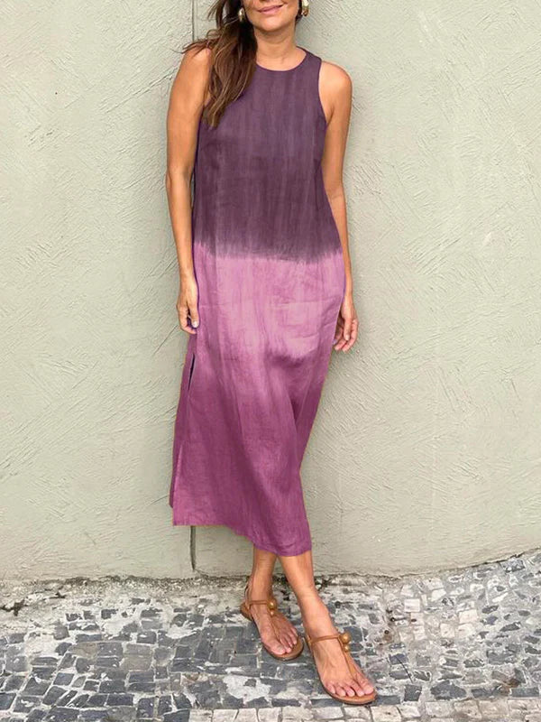 GR | Long, Sleeveless, Loose-Fitting Cotton and Linen Dress with Subdued Tie-Dye Slit for Women