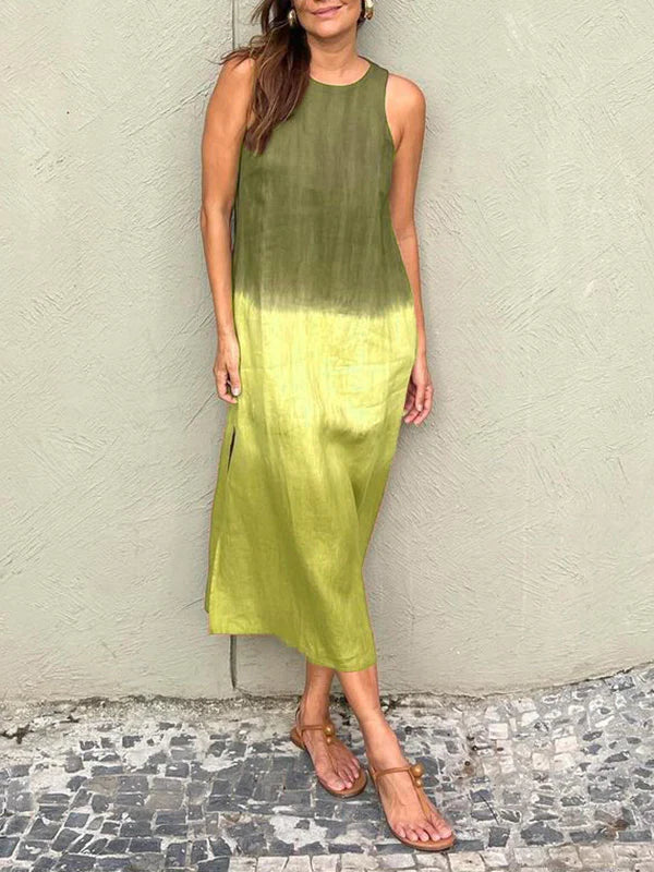 GR | Long, Sleeveless, Loose-Fitting Cotton and Linen Dress with Subdued Tie-Dye Slit for Women