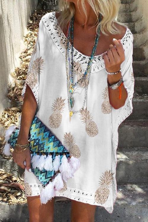 GR | Rosiedress V-Neck Hollowed-Out Pineapple Print Batwing Beach Dress