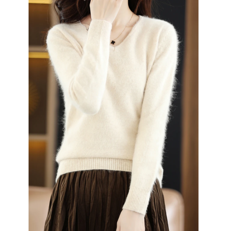 GR | Cashmere Pullover Damen V-ausschnitt Leichter und Weicher Strickpullover