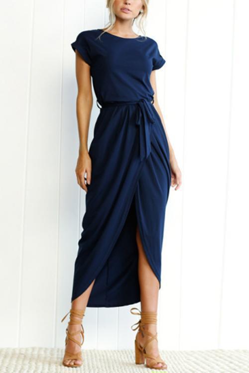 GR | Rosiedress Kurzarm Tie Waist Schlitz Midi Kleid