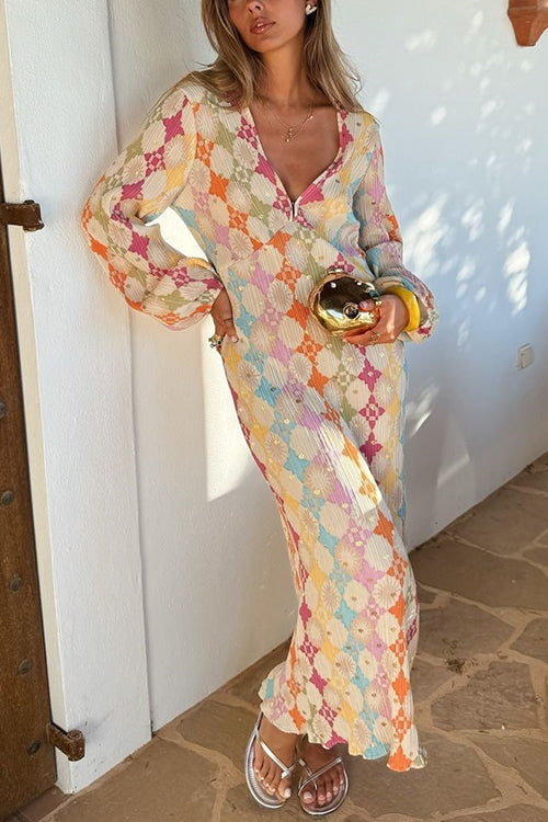 GR | Rosiedress V-neck lantern sleeve geometric print maxi dress