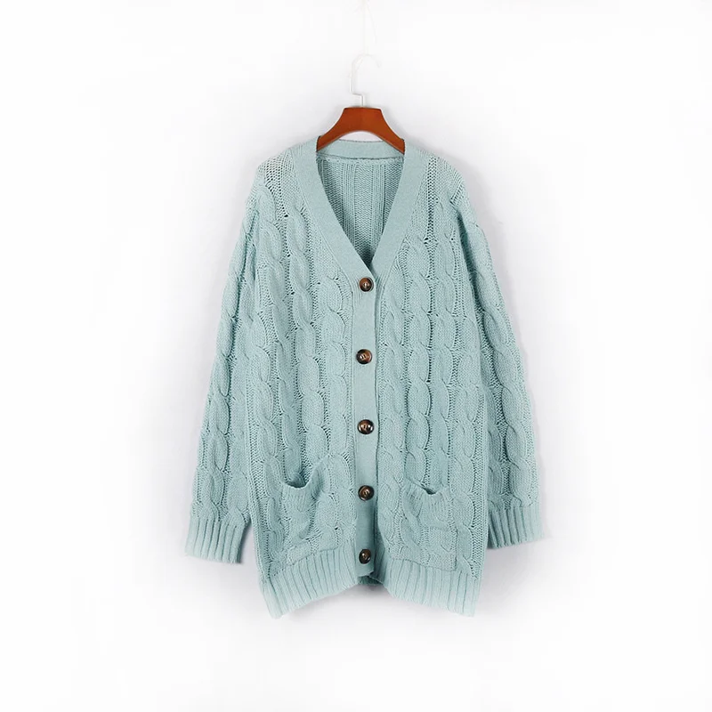 GR | Women's wool cardigan with cable knit pattern and wooden buttons, loose fit