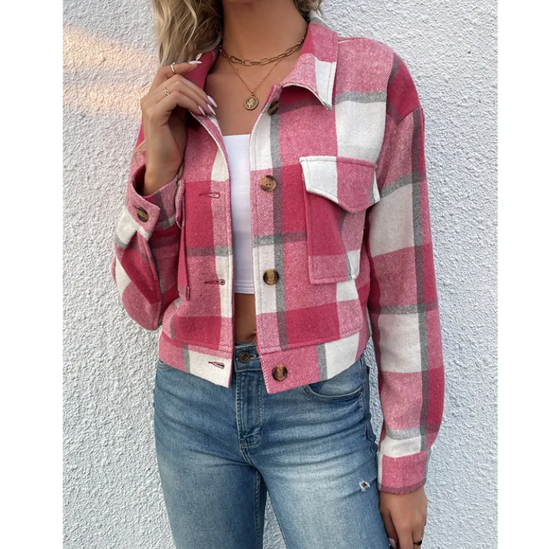 GR | Long-sleeved bomber jacket with check pattern and buttons