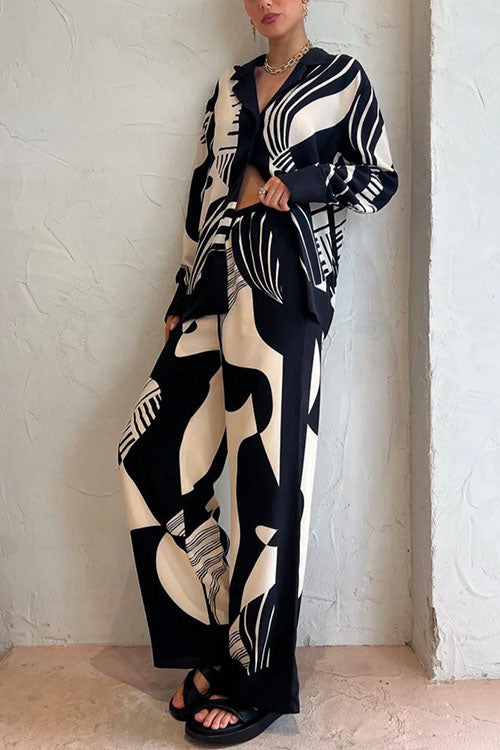 GR | Rosiedress Graphic Print Long Sleeve Blouse Shirt Wide Leg Trousers 2 Piece Set