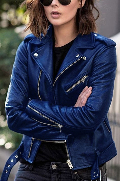 GR | Rosiedress Vintage Lapel Zip Faux Leather Biker Jacket