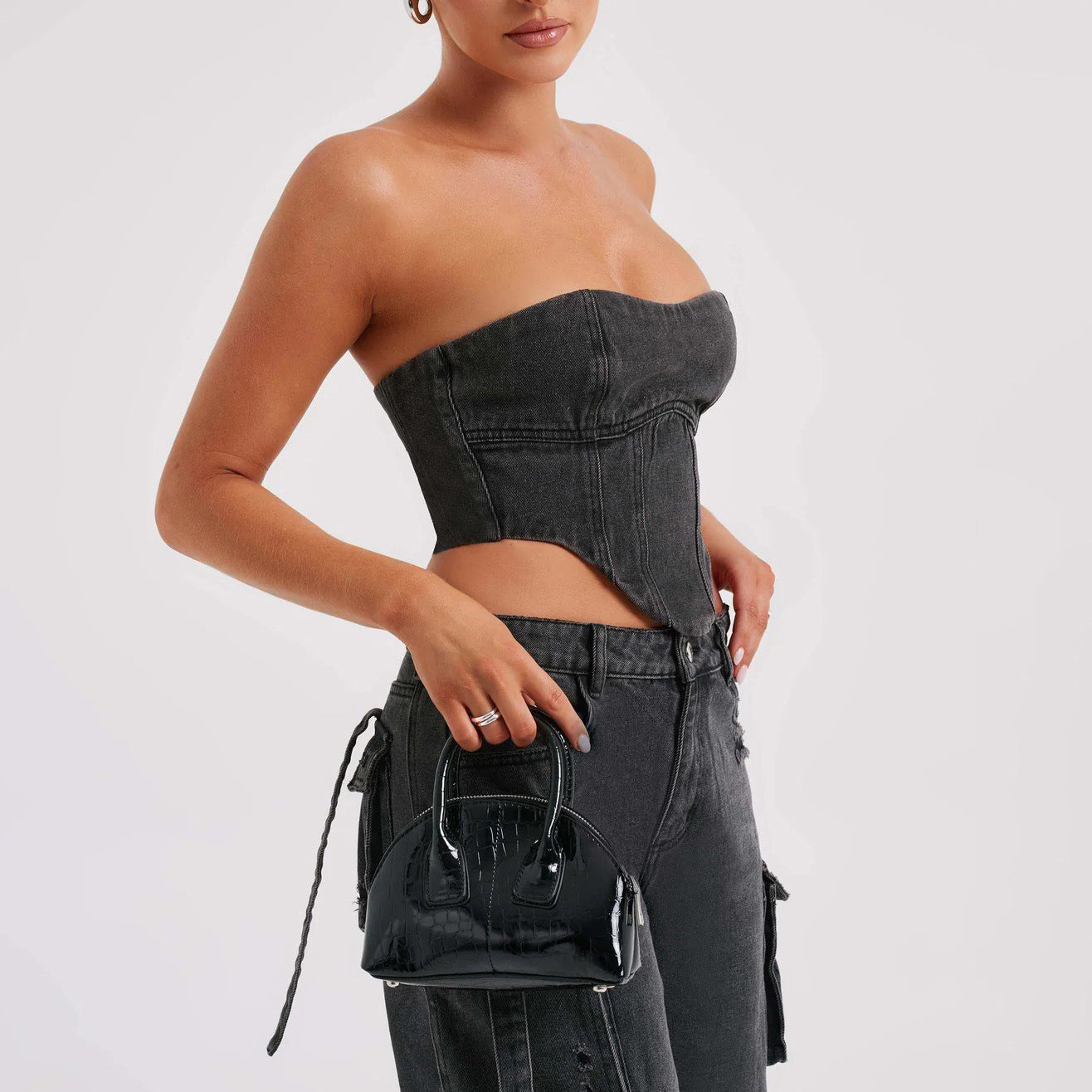 GR | Denim Suits Summer Sexy Back Cutout Tube Top and Multiple Pockets Straight Trousers Fashion Long Trousers Suit Women's Clothing