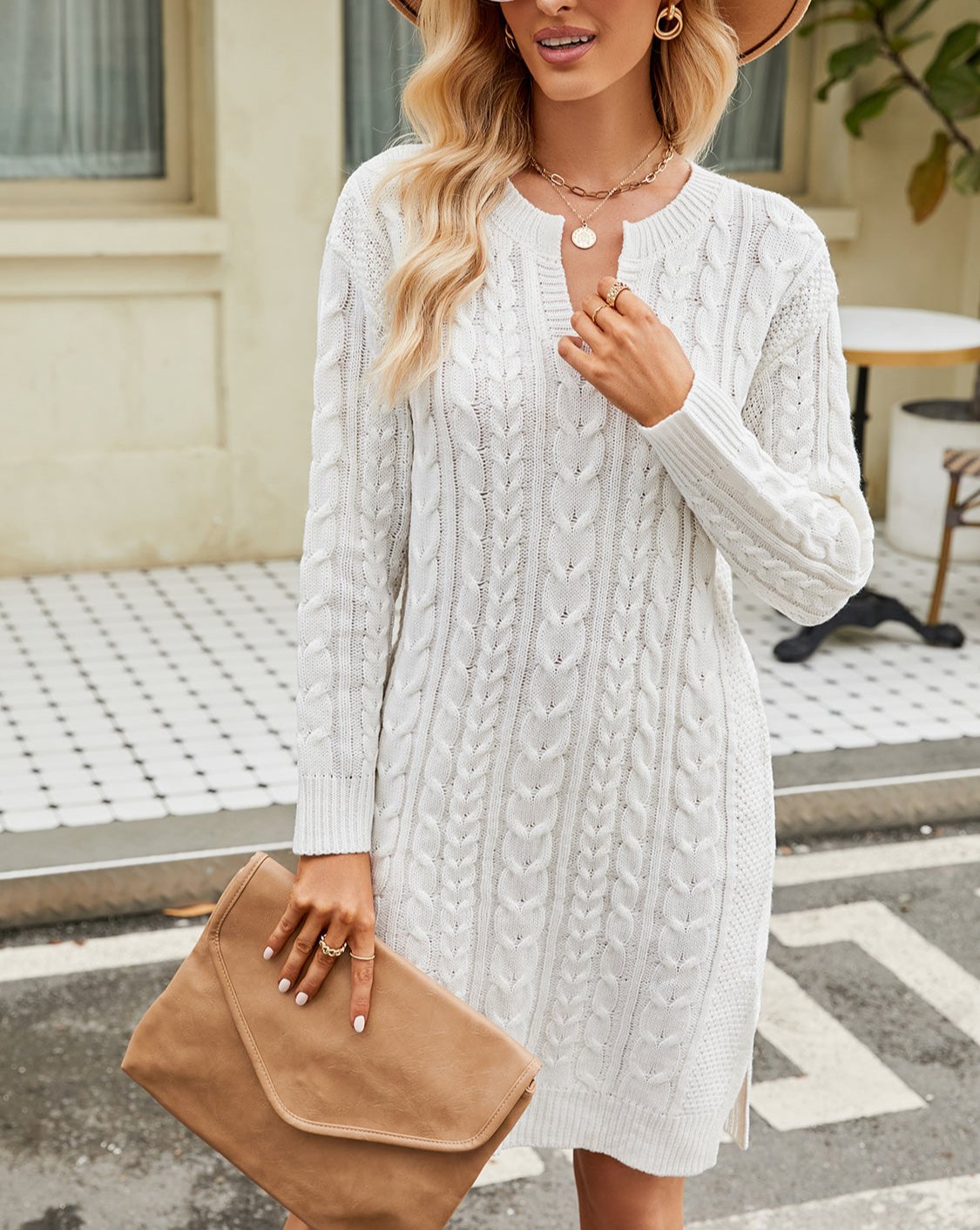 GR | Schicke Herbst-Kabel-Strickkleid mit Ausschnitt für Frauen