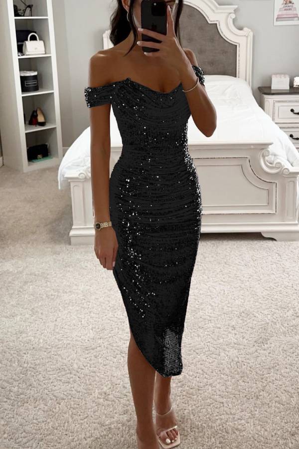 GR | Schalkragen-Pailletten-Midi-Kleid