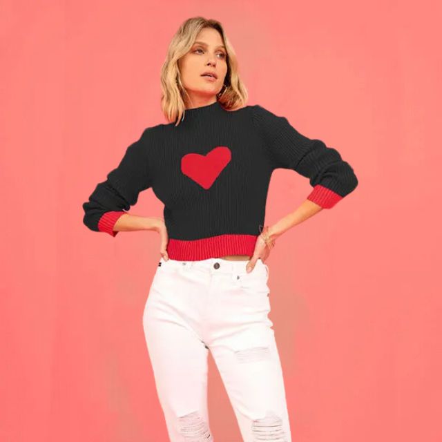 GR | Ribbed knit sweater with heart intarsia