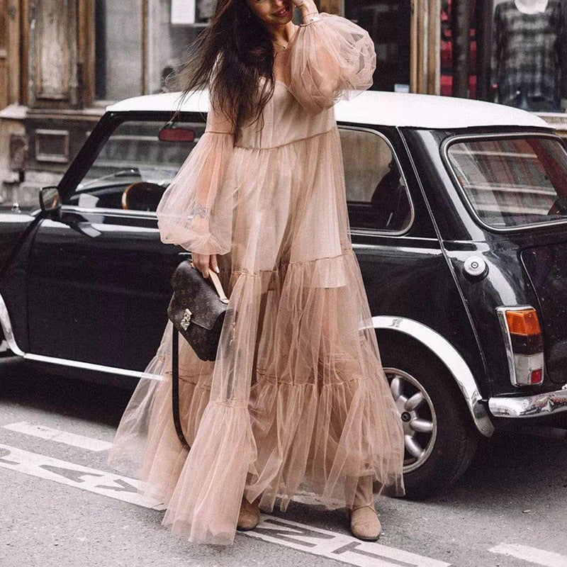 GR | Puff Sleeve Tulle Sheer Long Skirt Dress