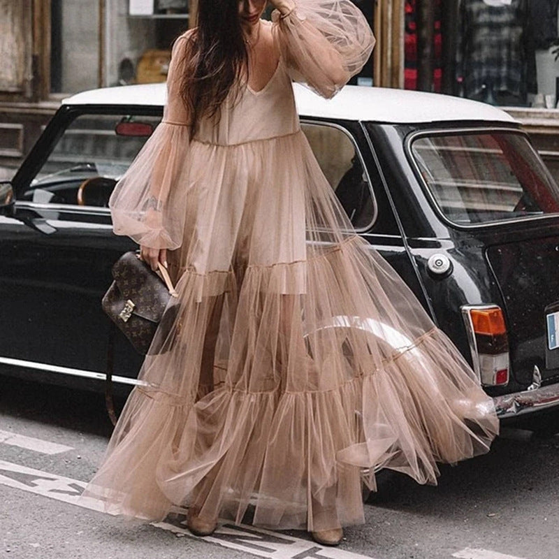 GR | Puff Sleeve Tulle Sheer Long Skirt Dress