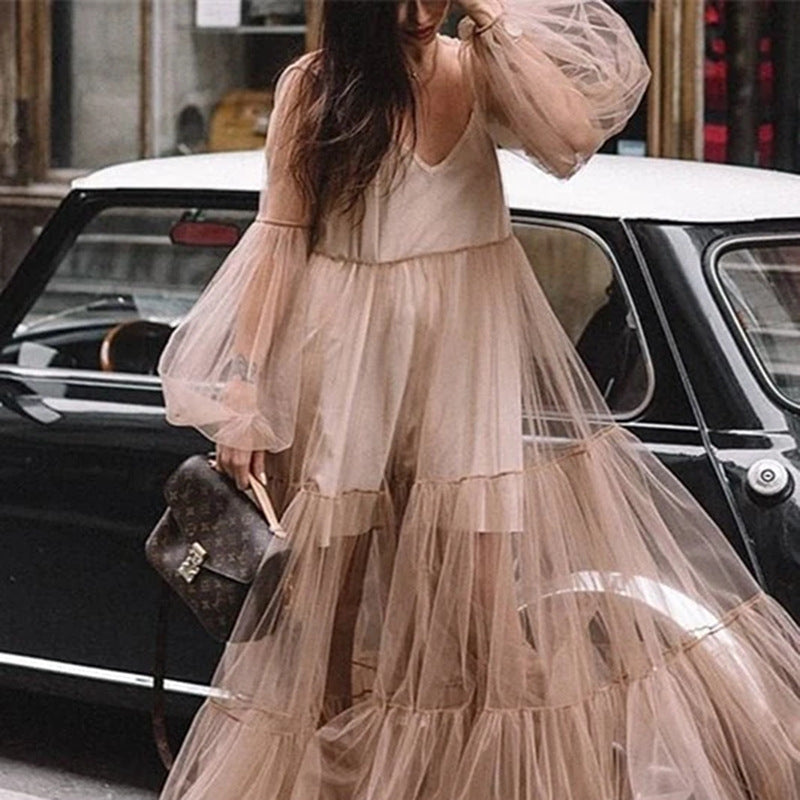 GR | Puff Sleeve Tulle Sheer Long Skirt Dress