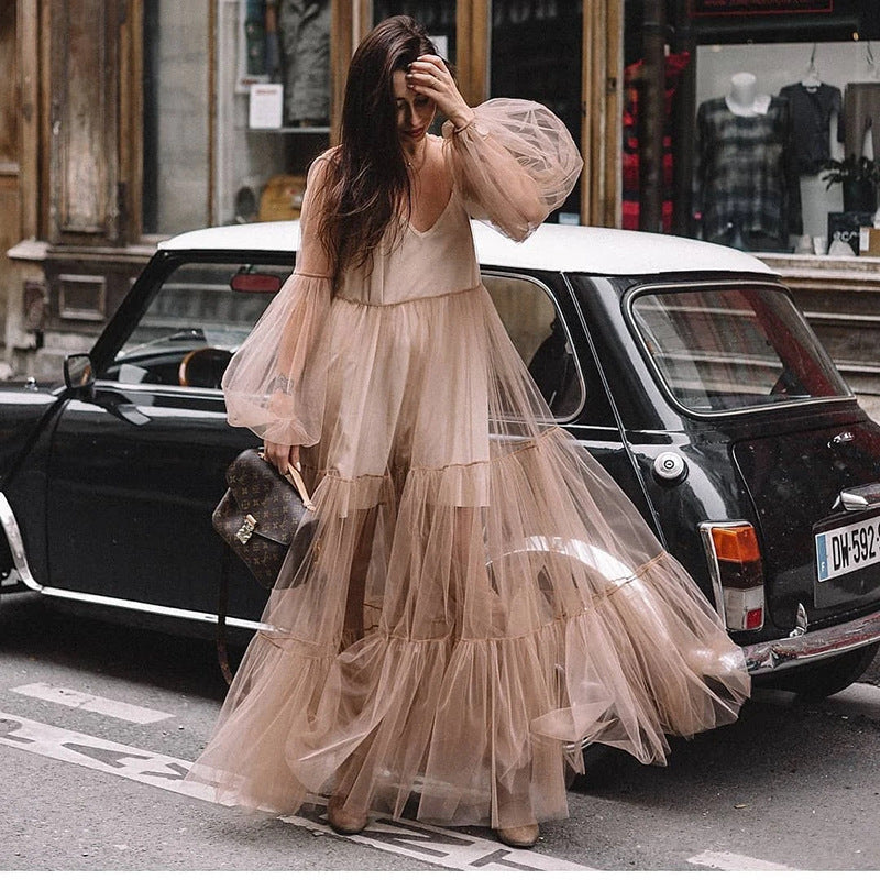 GR | Puff Sleeve Tulle Sheer Long Skirt Dress