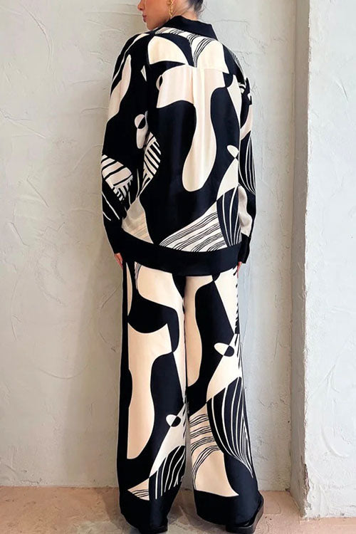 GR | Rosiedress Graphic Print Long Sleeve Blouse Shirt Wide Leg Trousers 2 Piece Set