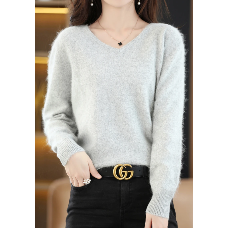 GR | Cashmere Pullover Damen V-ausschnitt Leichter und Weicher Strickpullover