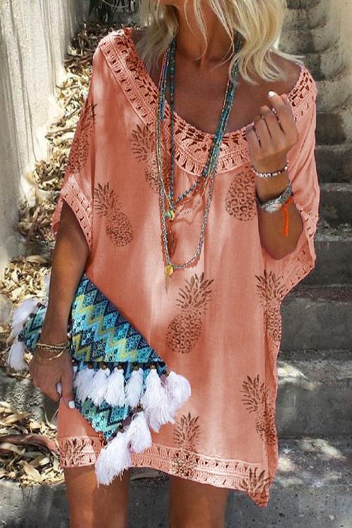 GR | Rosiedress V-Neck Hollowed-Out Pineapple Print Batwing Beach Dress