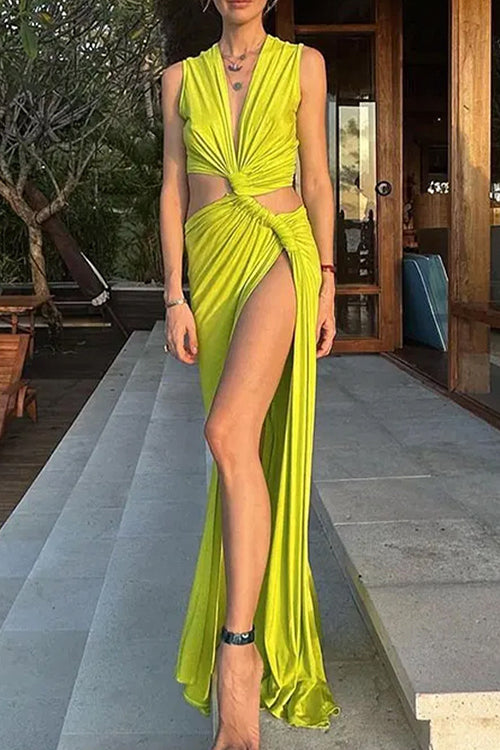 GR | Rosiedress V-neck knot front cut-out high slit sleeveless maxi dress
