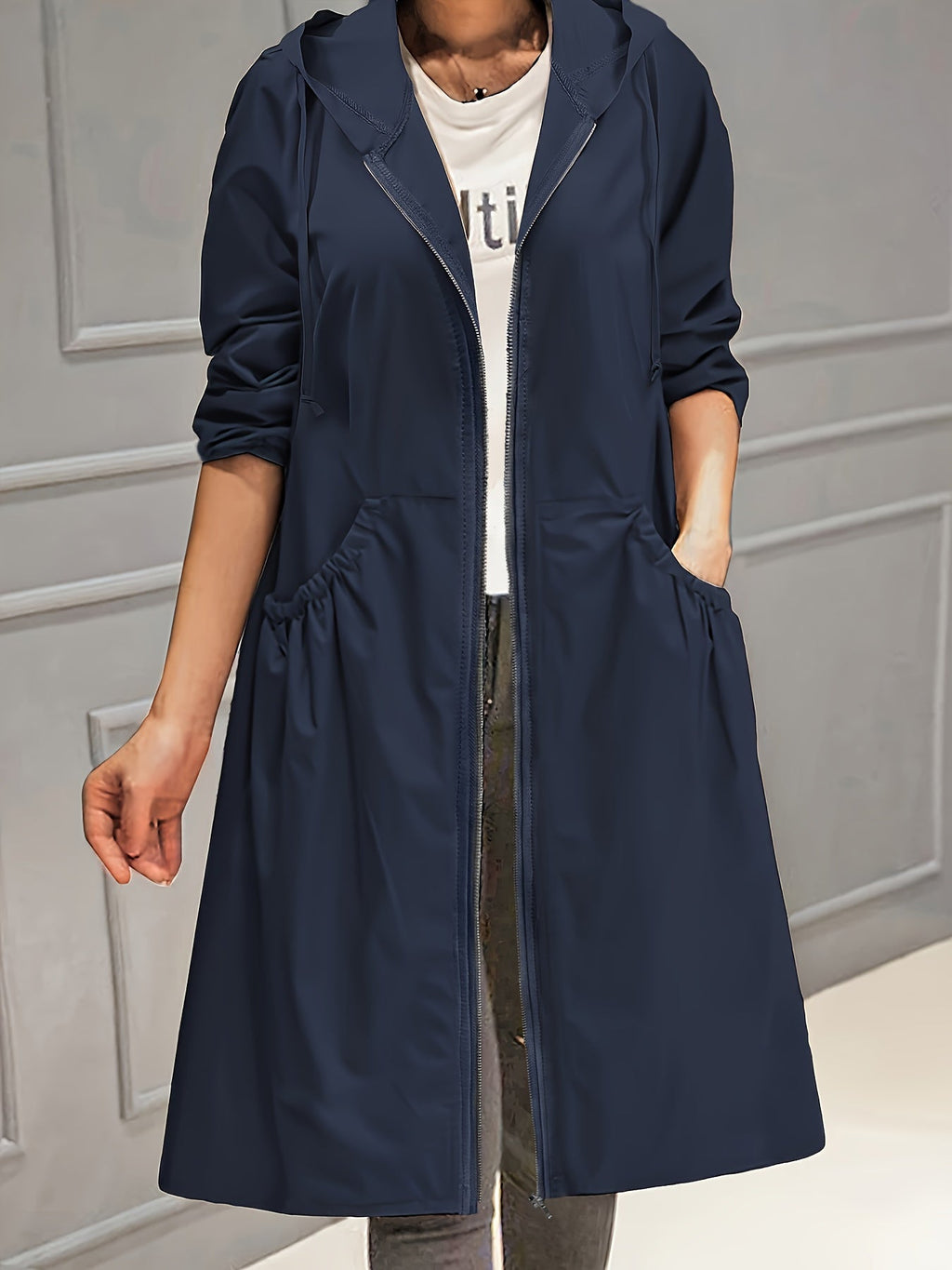 GR | Women's Casual Long Jacket with Hood and Zipper