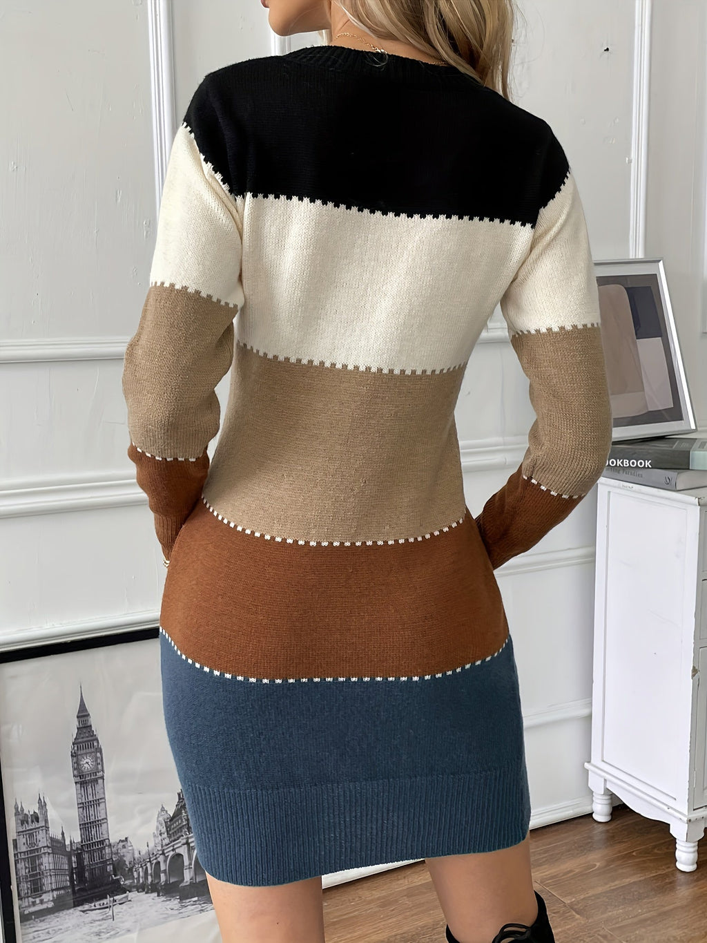 GR | Schicke Herbst Farbblock Langarmkleid für Frauen
