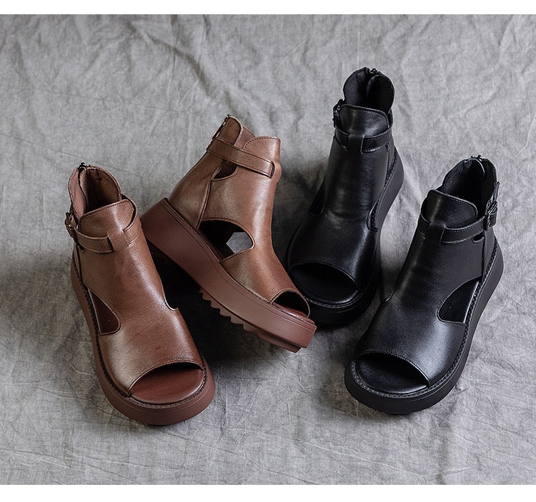 GR | Summer New Retro First Layer Cowhide Back Peep Toe Sandals for Women