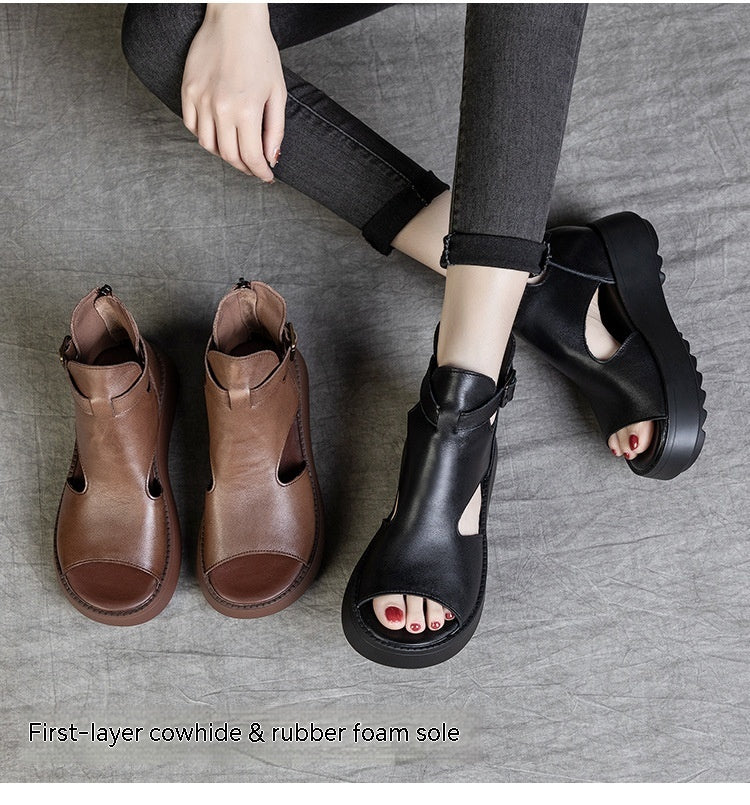 GR | Summer New Retro First Layer Cowhide Back Peep Toe Sandals for Women