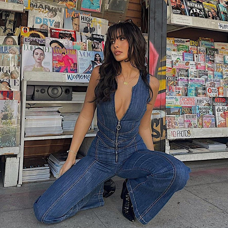 GR | Denim jumpsuit with zipper detail for women