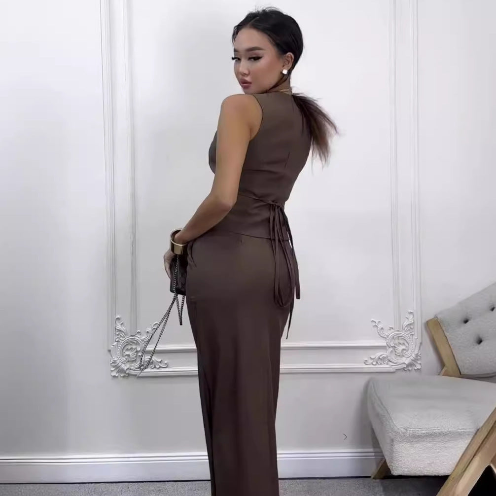 GR | Solid color sleeveless vest & skirt suit