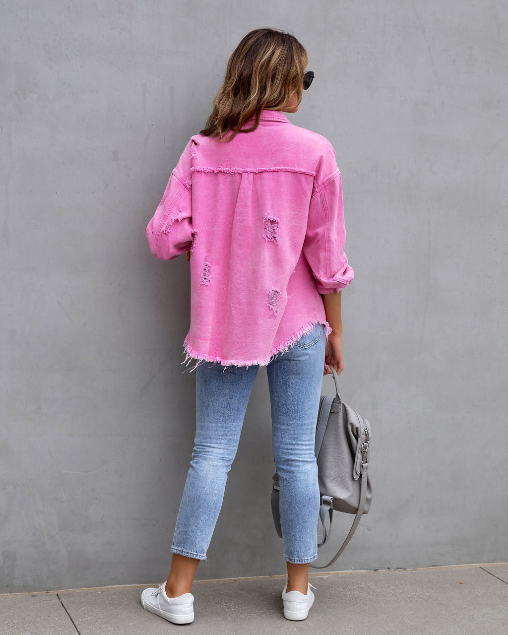 GR | Denim Bluse - Damen Jeansjacke mit fransigen Details und Knopfverschluss