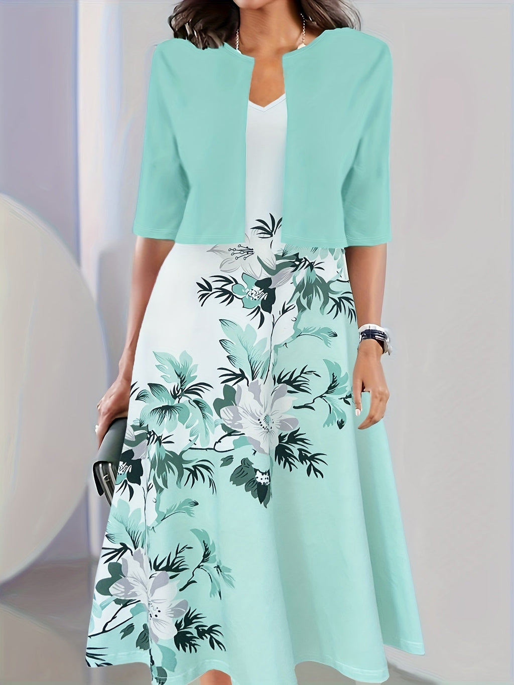 GR Dress | Elegant turquoise long blazer/dress set with floral pattern