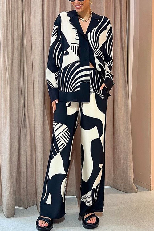 GR | Rosiedress Graphic Print Long Sleeve Blouse Shirt Wide Leg Trousers 2 Piece Set