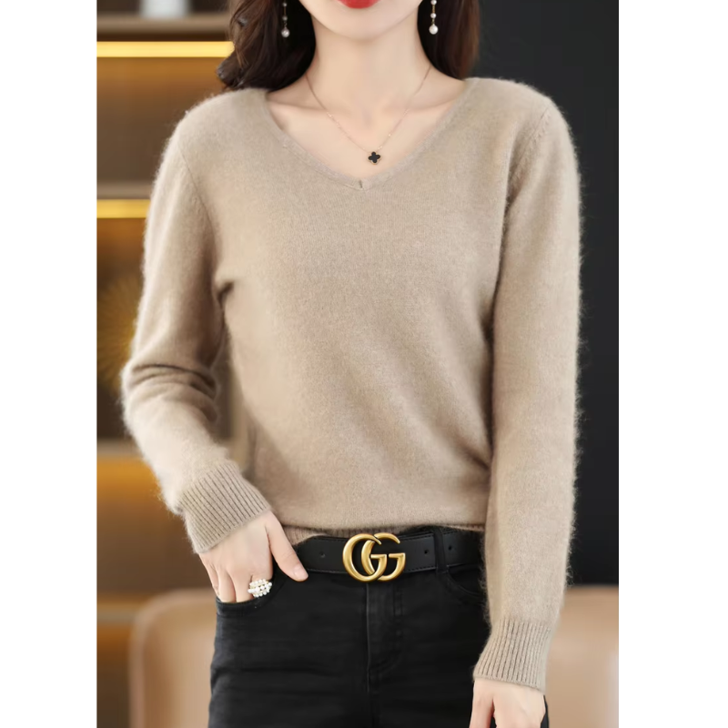 GR | Cashmere Pullover Damen V-ausschnitt Leichter und Weicher Strickpullover