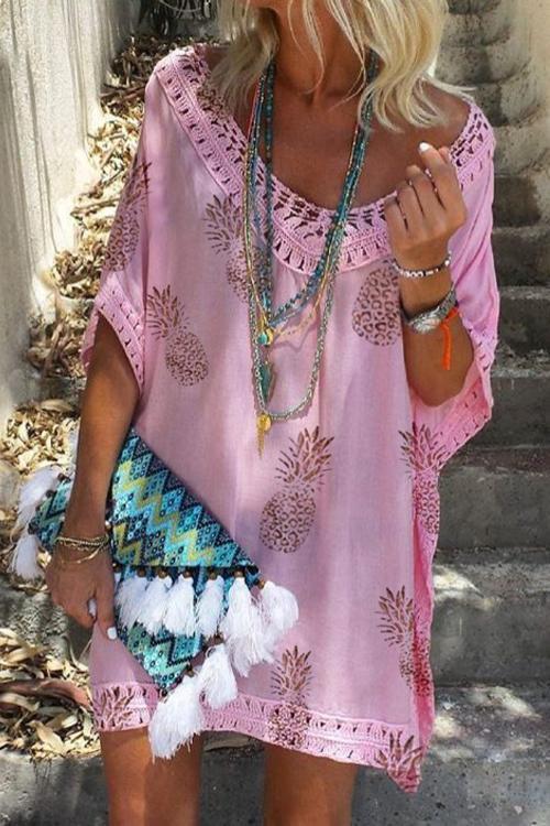 GR | Rosiedress V-Neck Hollowed-Out Pineapple Print Batwing Beach Dress