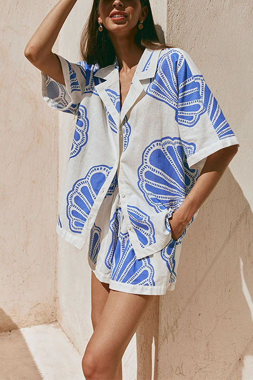 GR | Rosiedress V-neck short-sleeved shirt and shorts with drawstring waist, shell print set