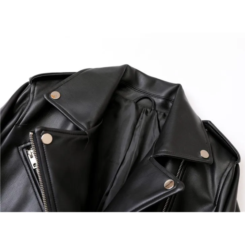 GR | Women's biker leather jacket with zippers and belt