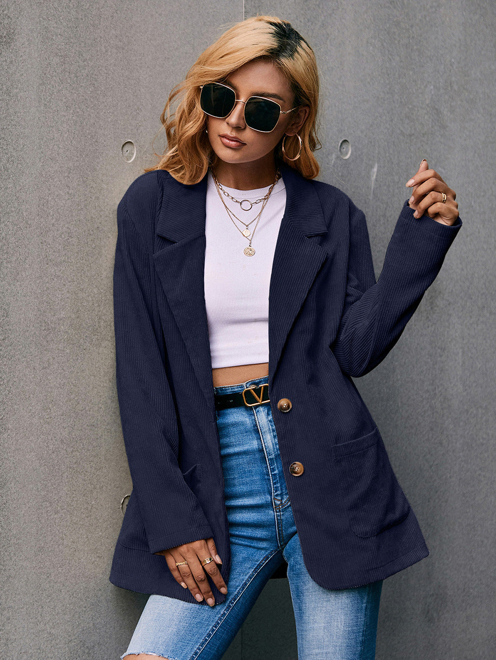 GR | Corduroy Long-Sleeve Longline Blazer with Pockets