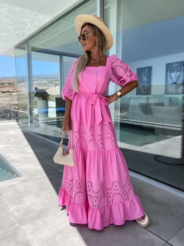 GR | Casual, loose dress with lacing and lace embroidery