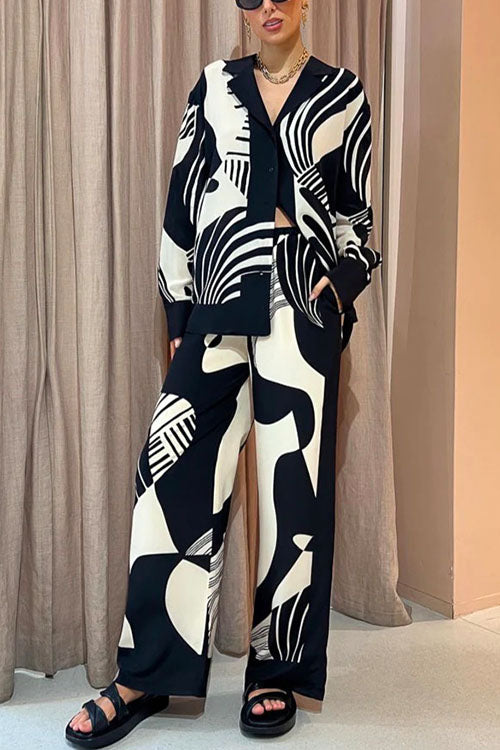GR | Rosiedress Graphic Print Long Sleeve Blouse Shirt Wide Leg Trousers 2 Piece Set