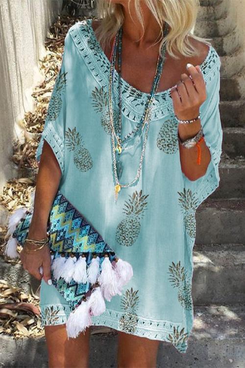 GR | Rosiedress V-Neck Hollowed-Out Pineapple Print Batwing Beach Dress